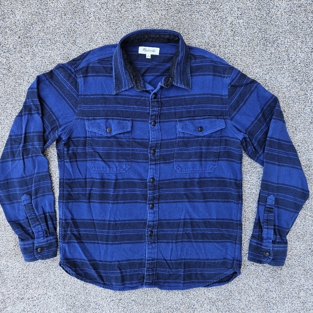 Madewell Brushed Twill Button Down Flannel Shirt Blue & Black Striped Men Medium